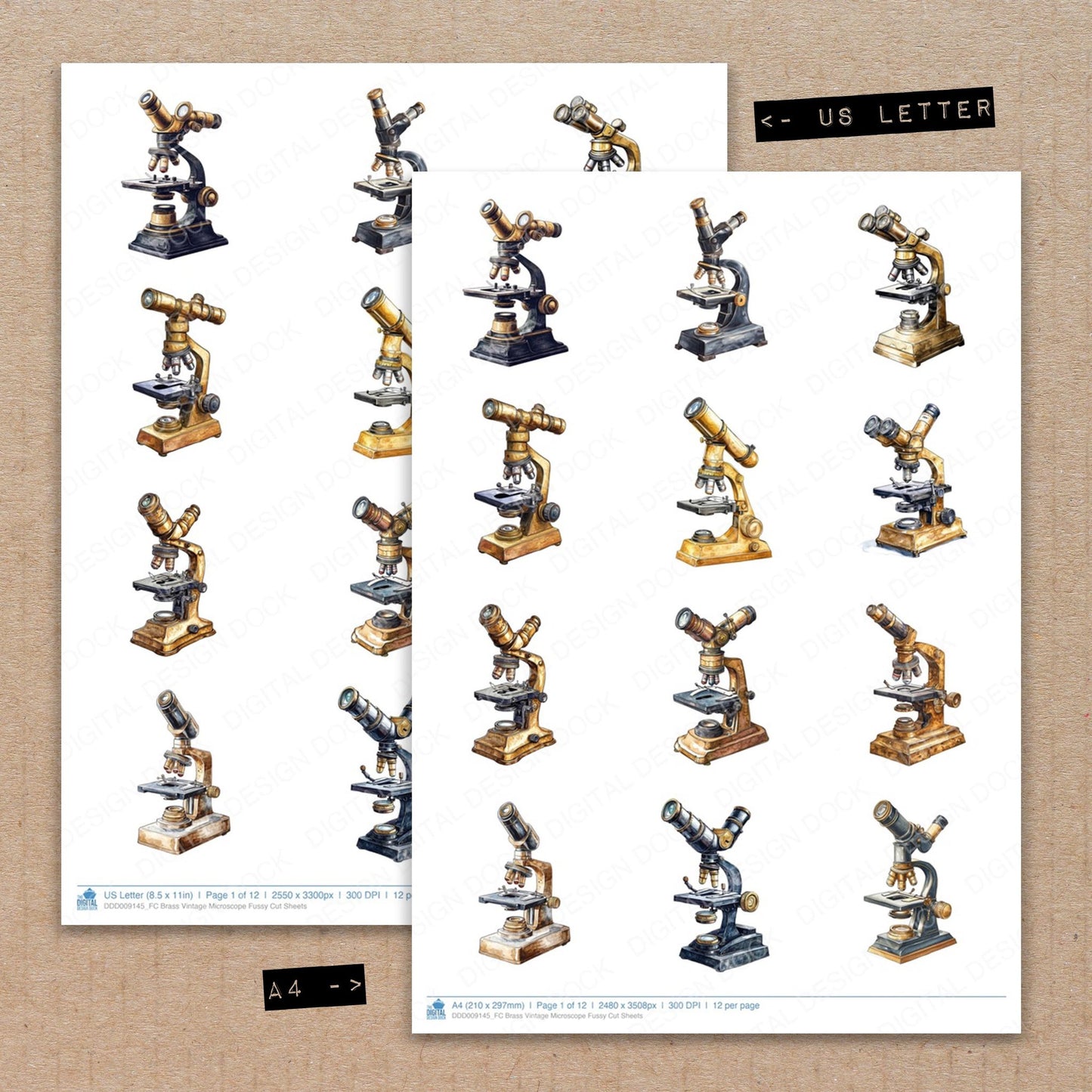 A4 and US Letter format comparison showing Brass Vintage Microscope fussy cut pages for print and cut crafting