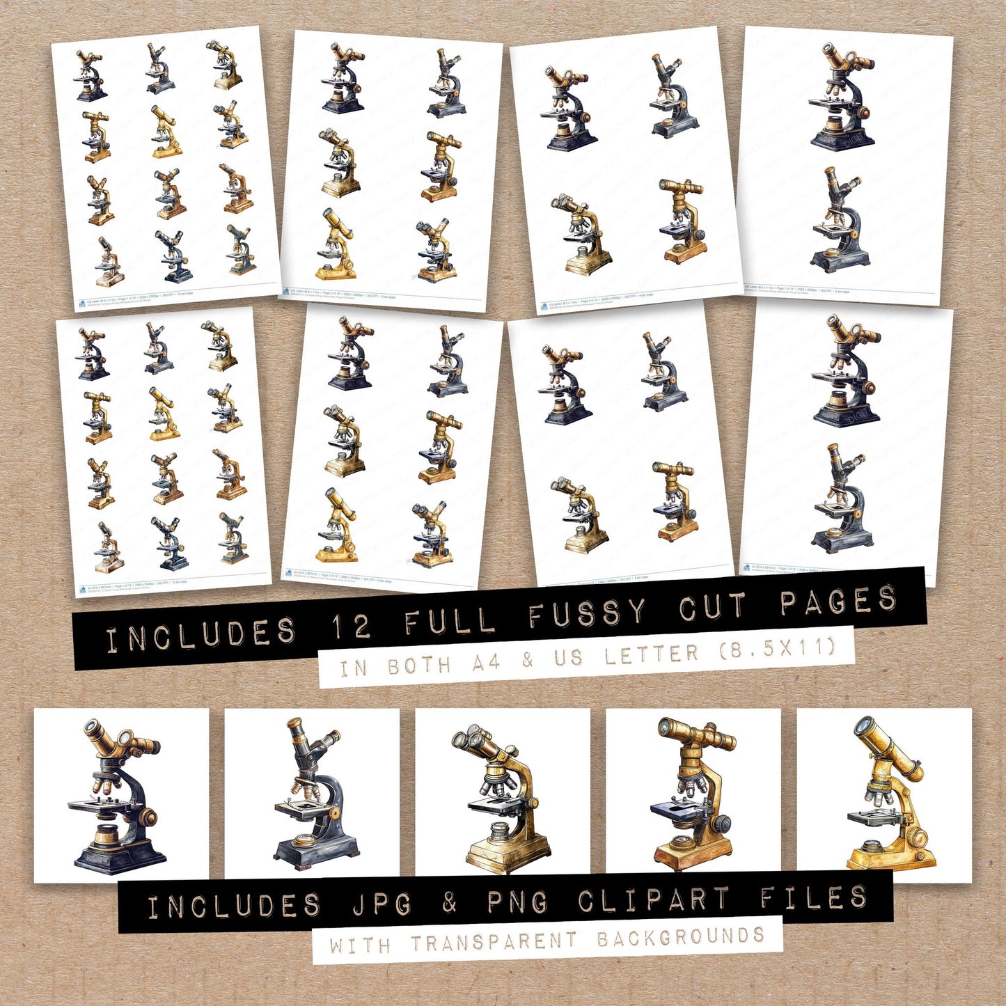 Full collection view of Brass Vintage Microscope fussy cut sheets with bonus clipart JPG and PNG files