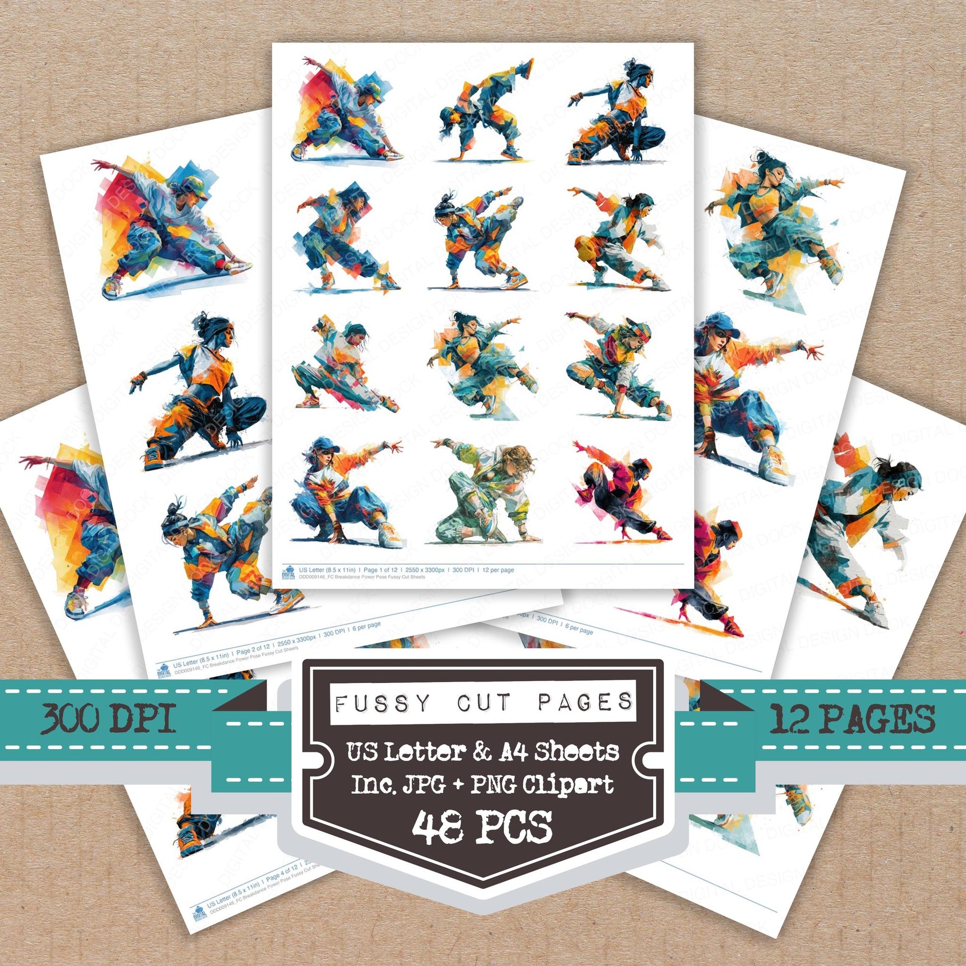 Breakdance Power Pose fussy cut printable sheets for junk journaling, scrapbooking, and paper craft projects