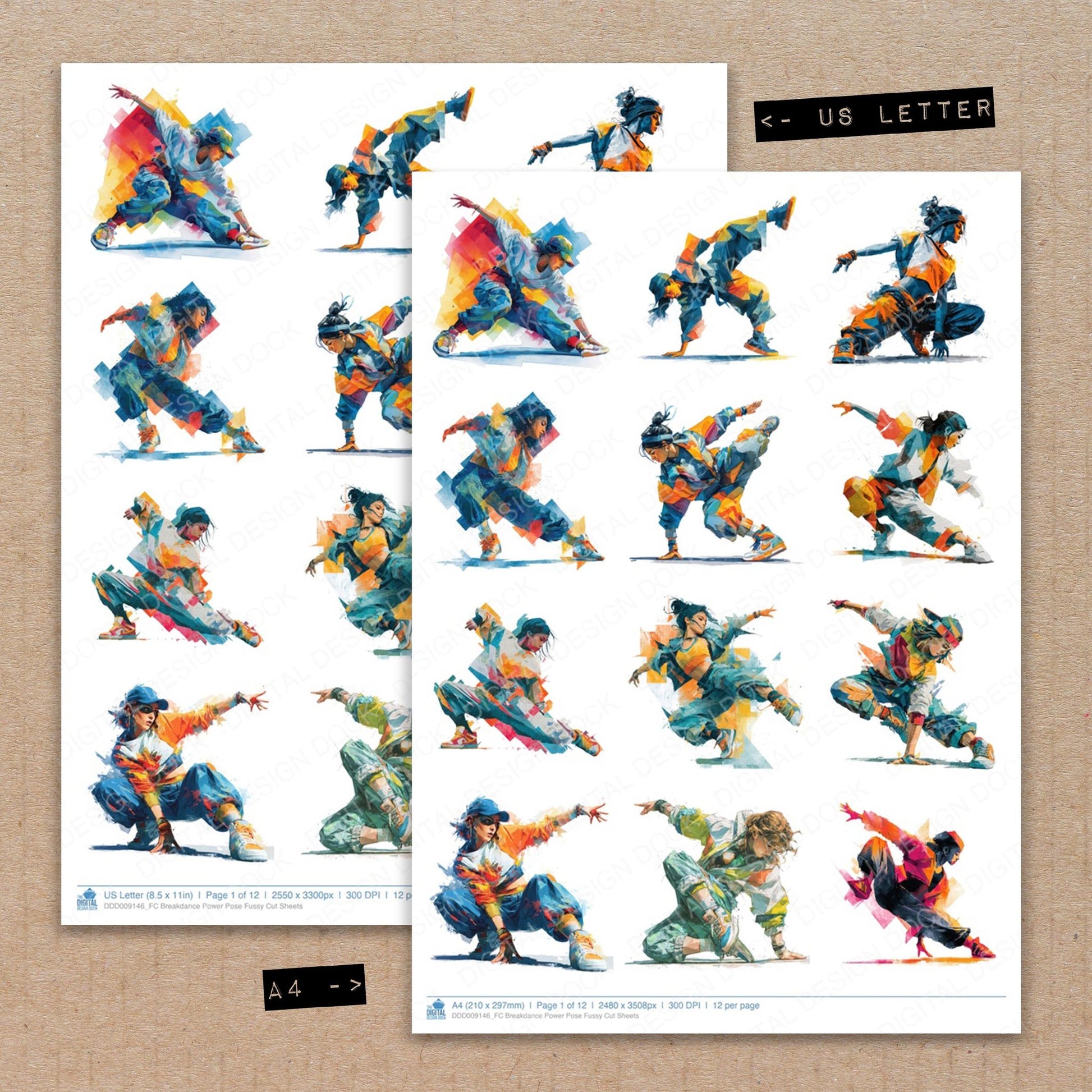 A4 and US Letter format comparison showing Breakdance Power Pose fussy cut pages for print and cut crafting
