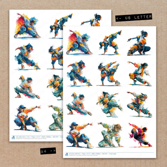 A4 and US Letter format comparison showing Breakdance Power Pose fussy cut pages for print and cut crafting