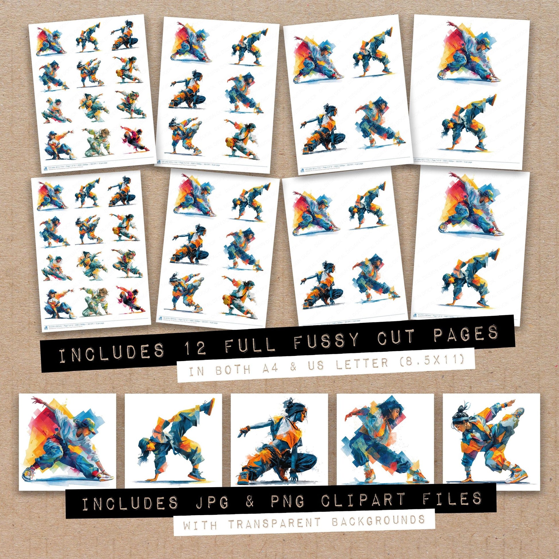 Full collection view of Breakdance Power Pose fussy cut sheets with bonus clipart JPG and PNG files