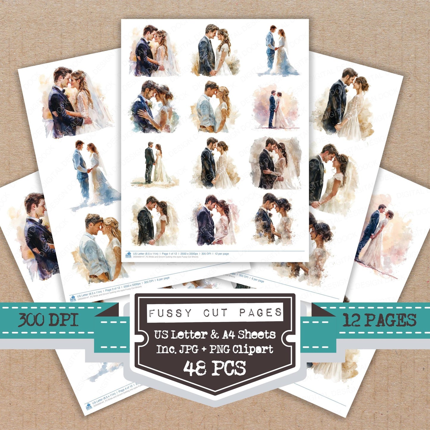 Bride and Groom looking into eyes fussy cut printable sheets for junk journaling, scrapbooking, and paper craft projects