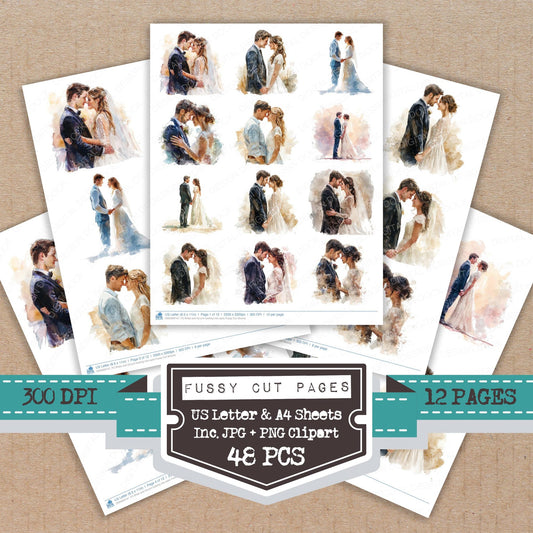 Bride and Groom looking into eyes fussy cut printable sheets for junk journaling, scrapbooking, and paper craft projects