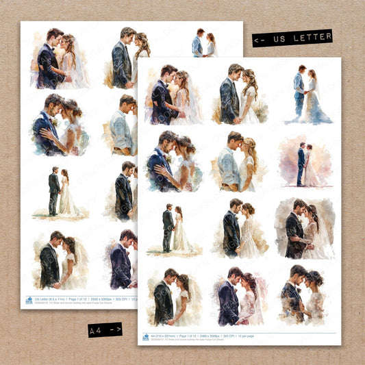 A4 and US Letter format comparison showing Bride and Groom looking into eyes fussy cut pages for print and cut crafting