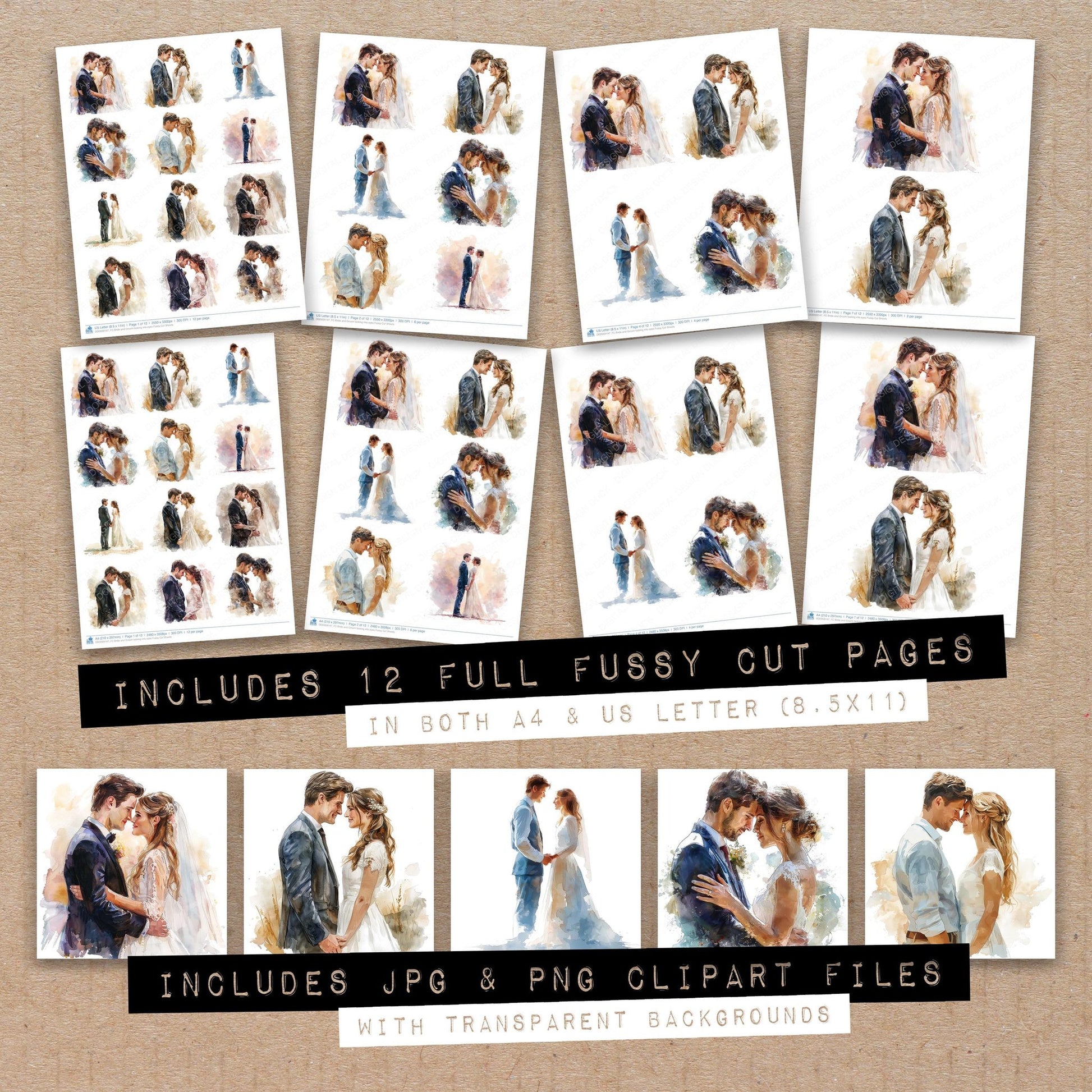 Full collection view of Bride and Groom looking into eyes fussy cut sheets with bonus clipart JPG and PNG files