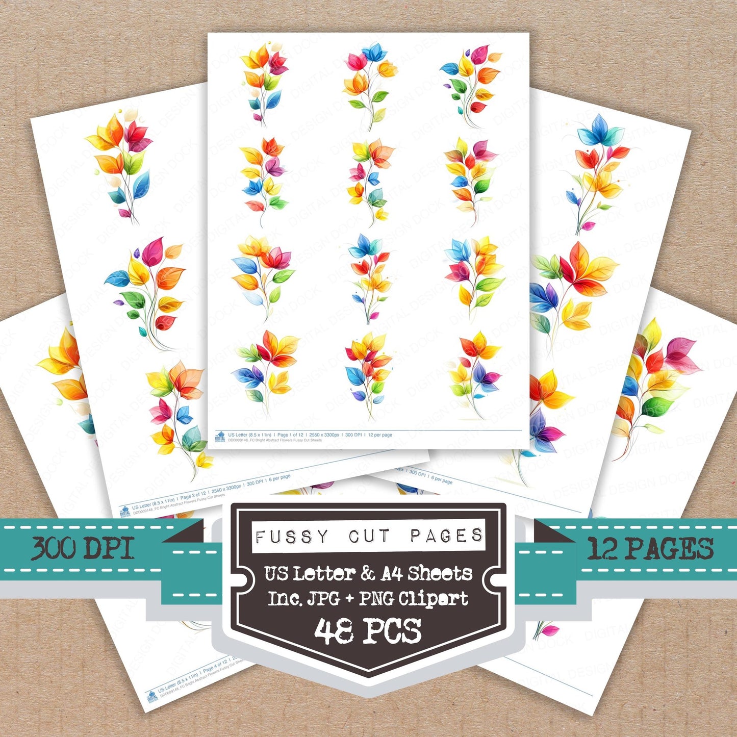 Bright Abstract Flowers fussy cut printable sheets for junk journaling, scrapbooking, and paper craft projects