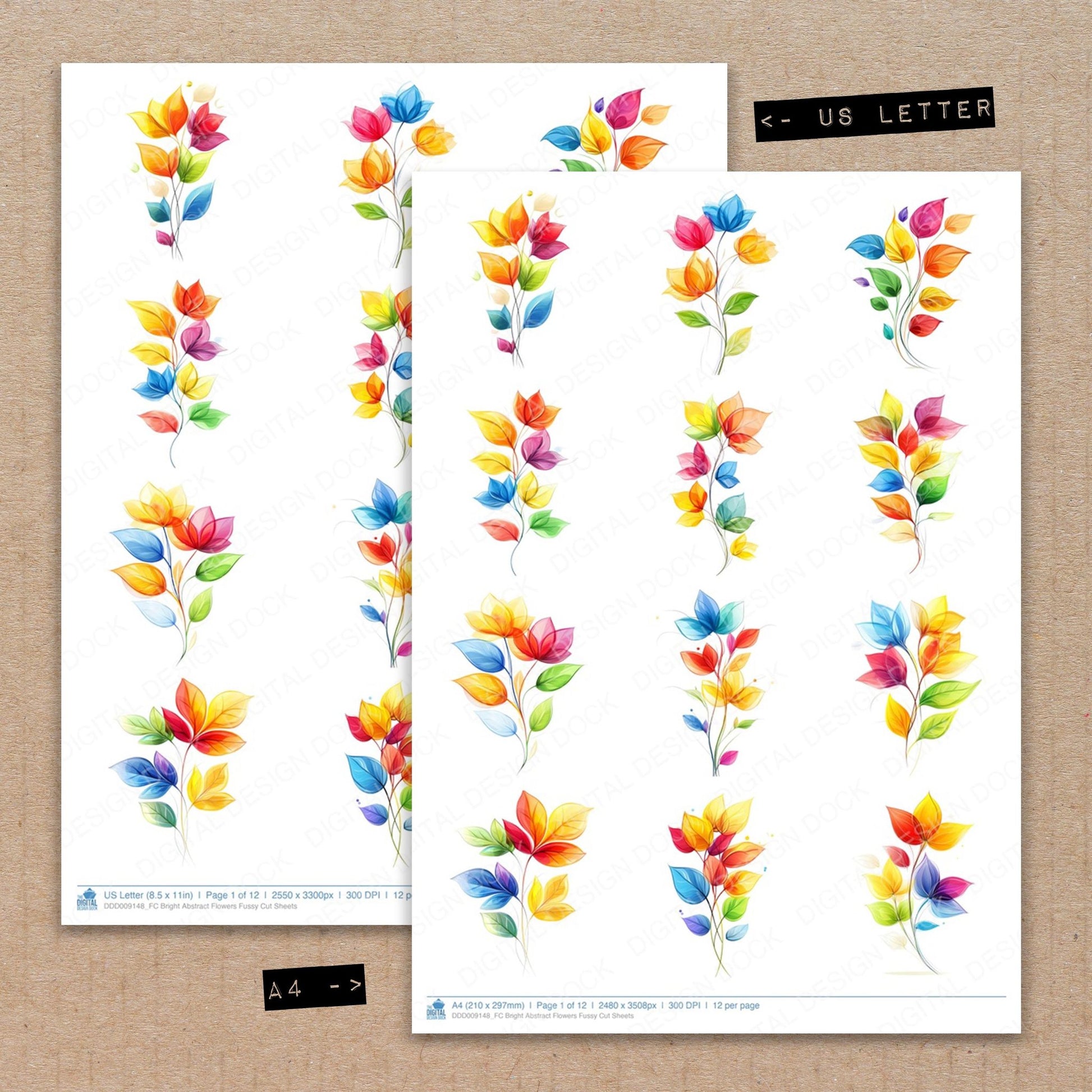 A4 and US Letter format comparison showing Bright Abstract Flowers fussy cut pages for print and cut crafting