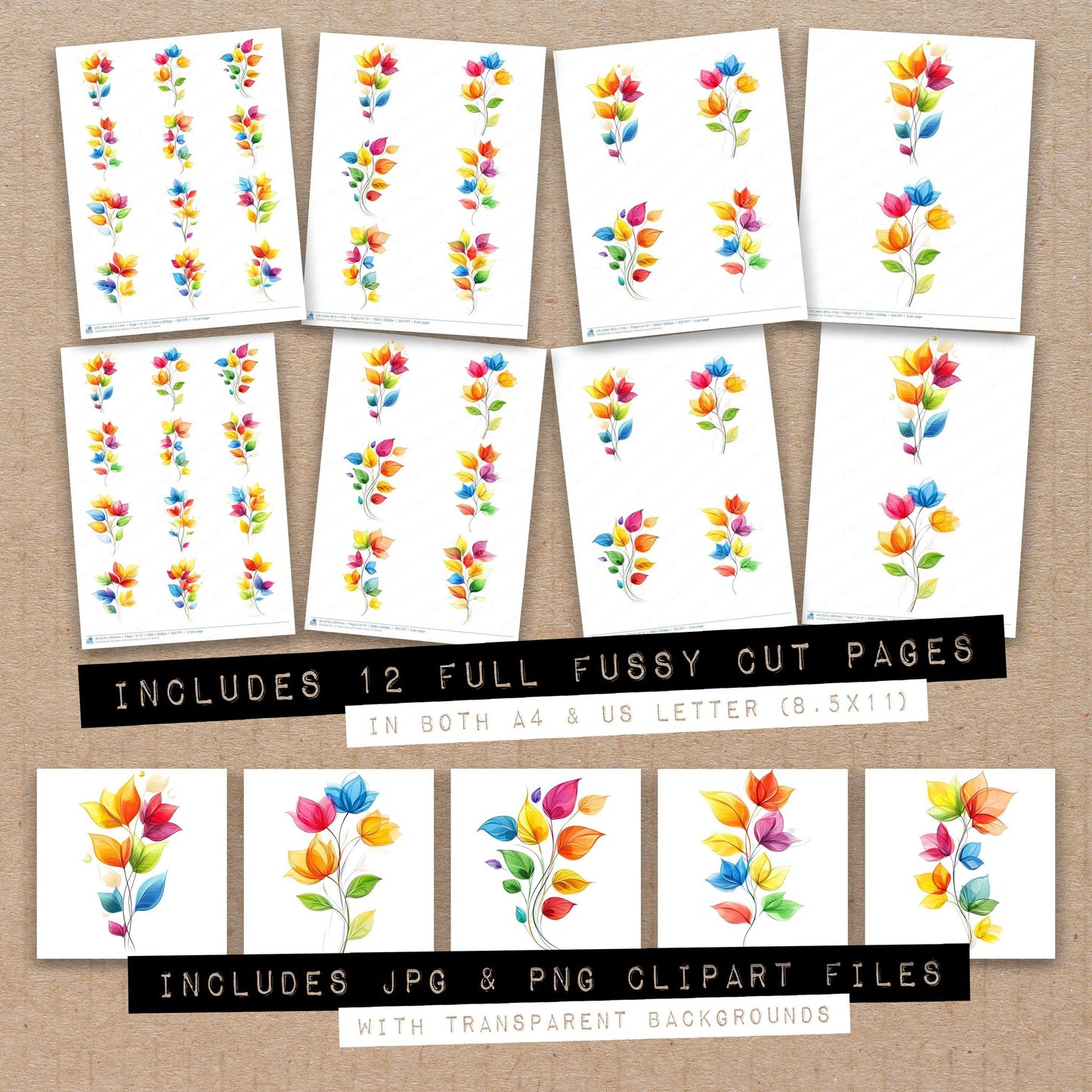 Full collection view of Bright Abstract Flowers fussy cut sheets with bonus clipart JPG and PNG files