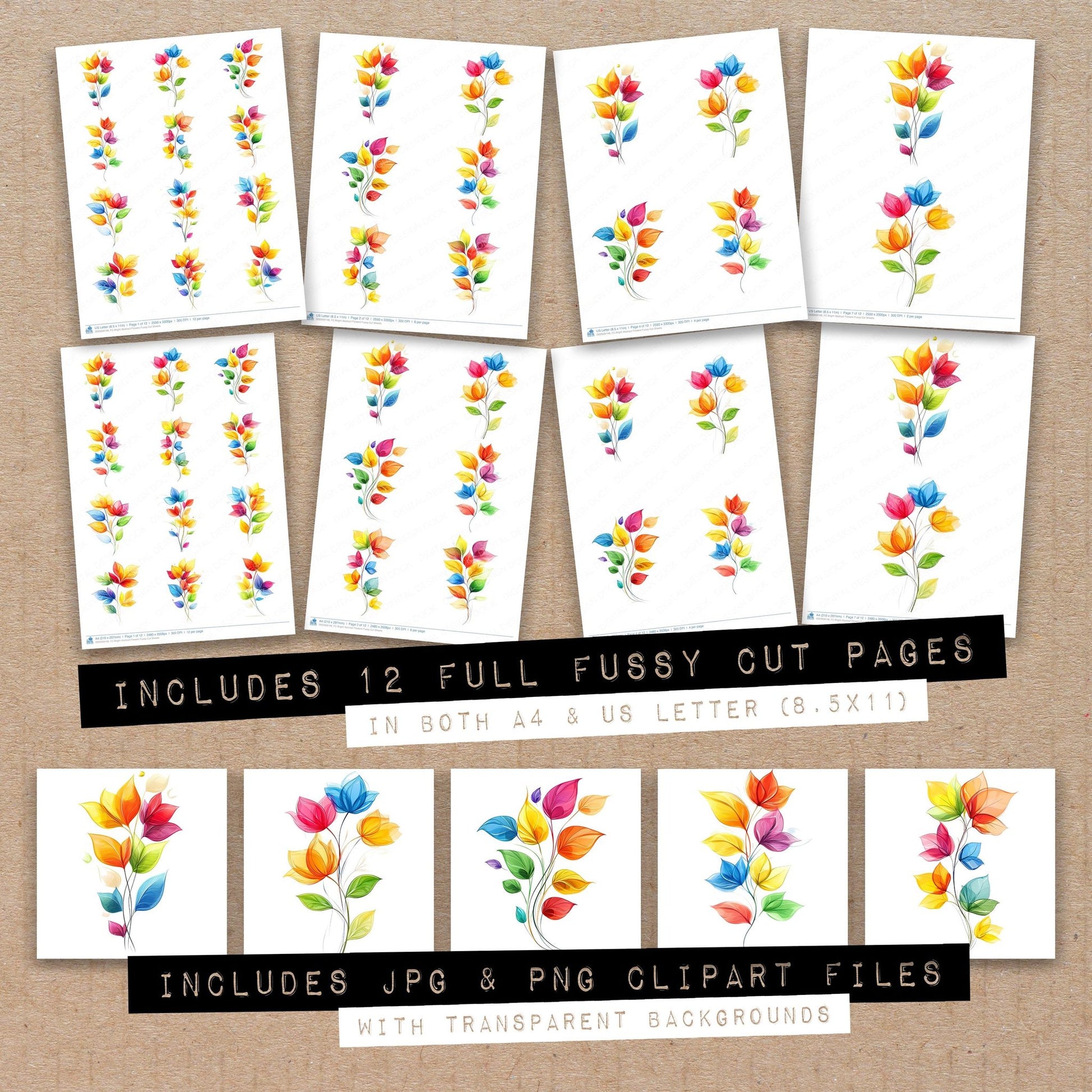 Full collection view of Bright Abstract Flowers fussy cut sheets with bonus clipart JPG and PNG files