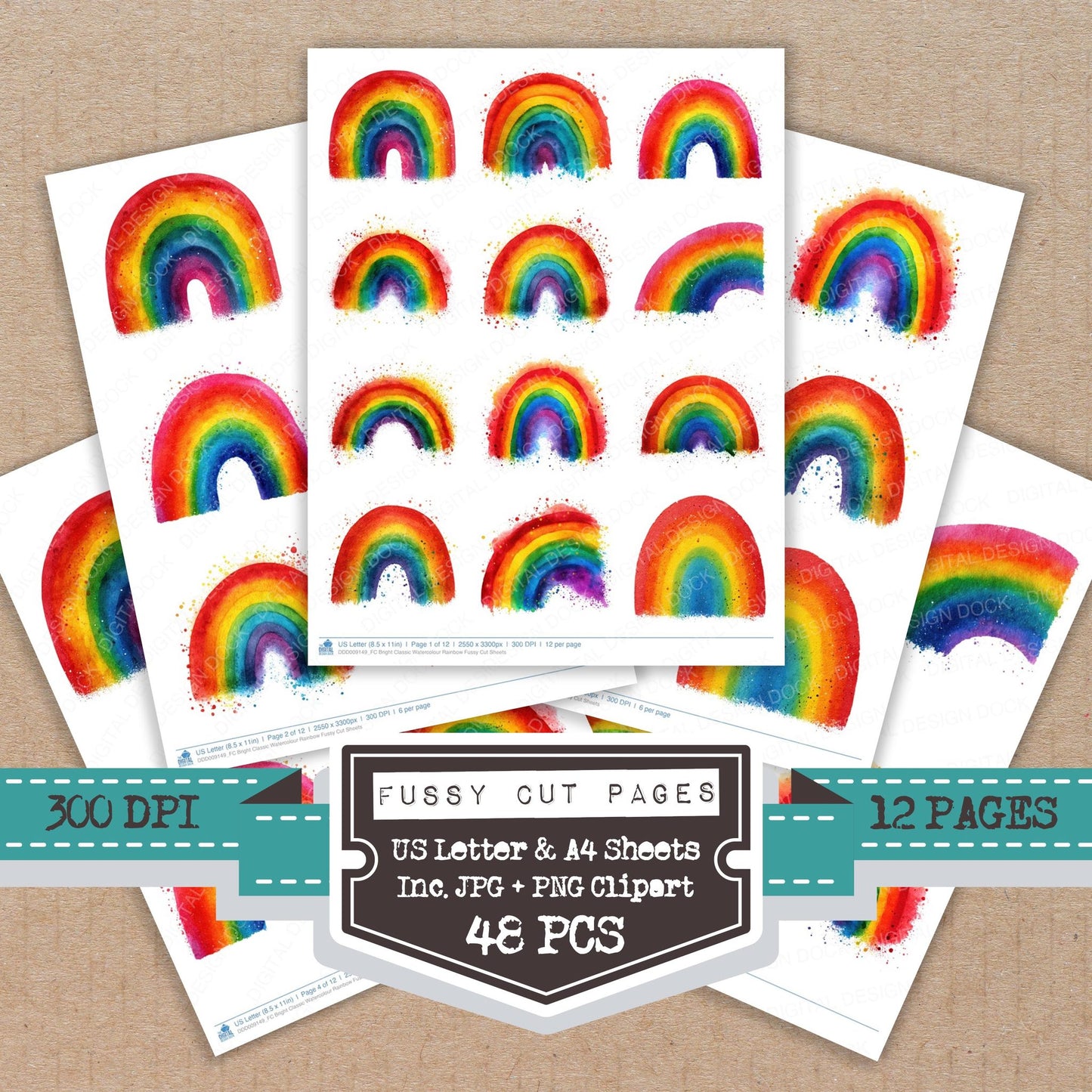 Bright Classic Watercolour Rainbow fussy cut printable sheets for junk journaling, scrapbooking, and paper craft projects