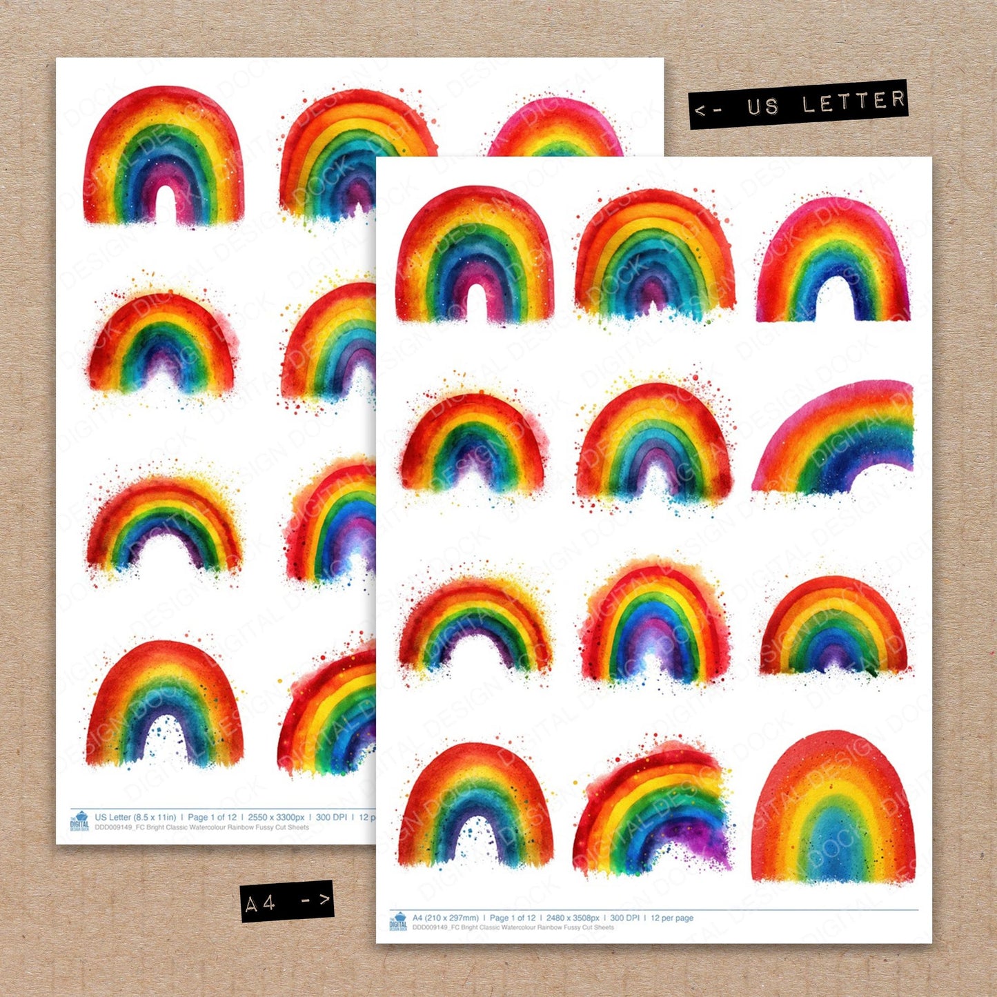 A4 and US Letter format comparison showing Bright Classic Watercolour Rainbow fussy cut pages for print and cut crafting