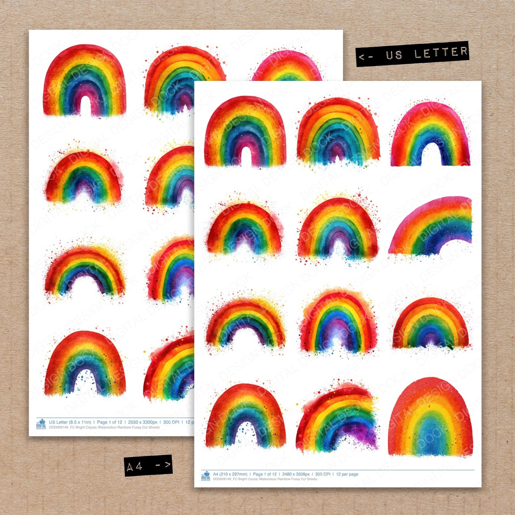 A4 and US Letter format comparison showing Bright Classic Watercolour Rainbow fussy cut pages for print and cut crafting