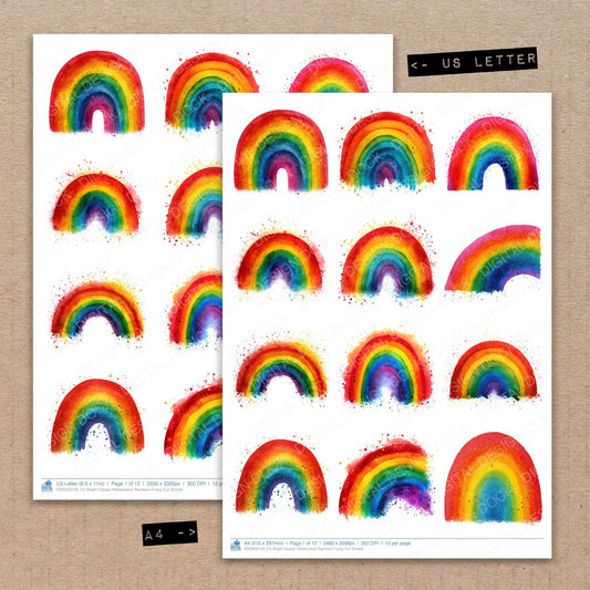 A4 and US Letter format comparison showing Bright Classic Watercolour Rainbow fussy cut pages for print and cut crafting