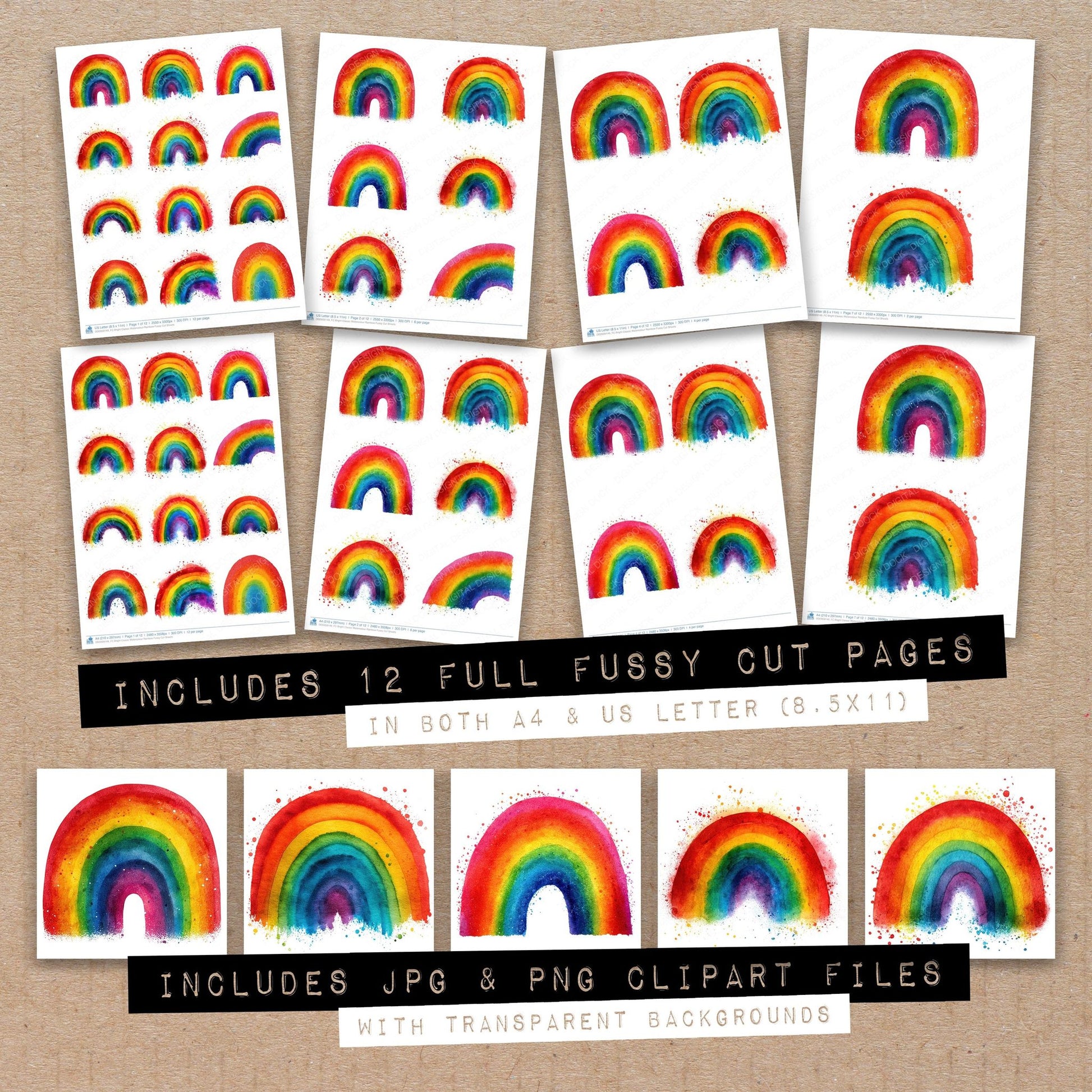 Full collection view of Bright Classic Watercolour Rainbow fussy cut sheets with bonus clipart JPG and PNG files