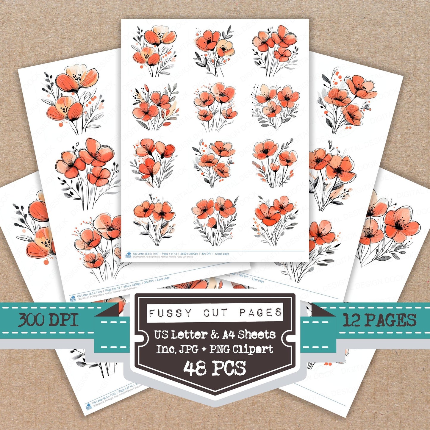 Bright Coral Abstract Flowers fussy cut printable sheets for junk journaling, scrapbooking, and paper craft projects