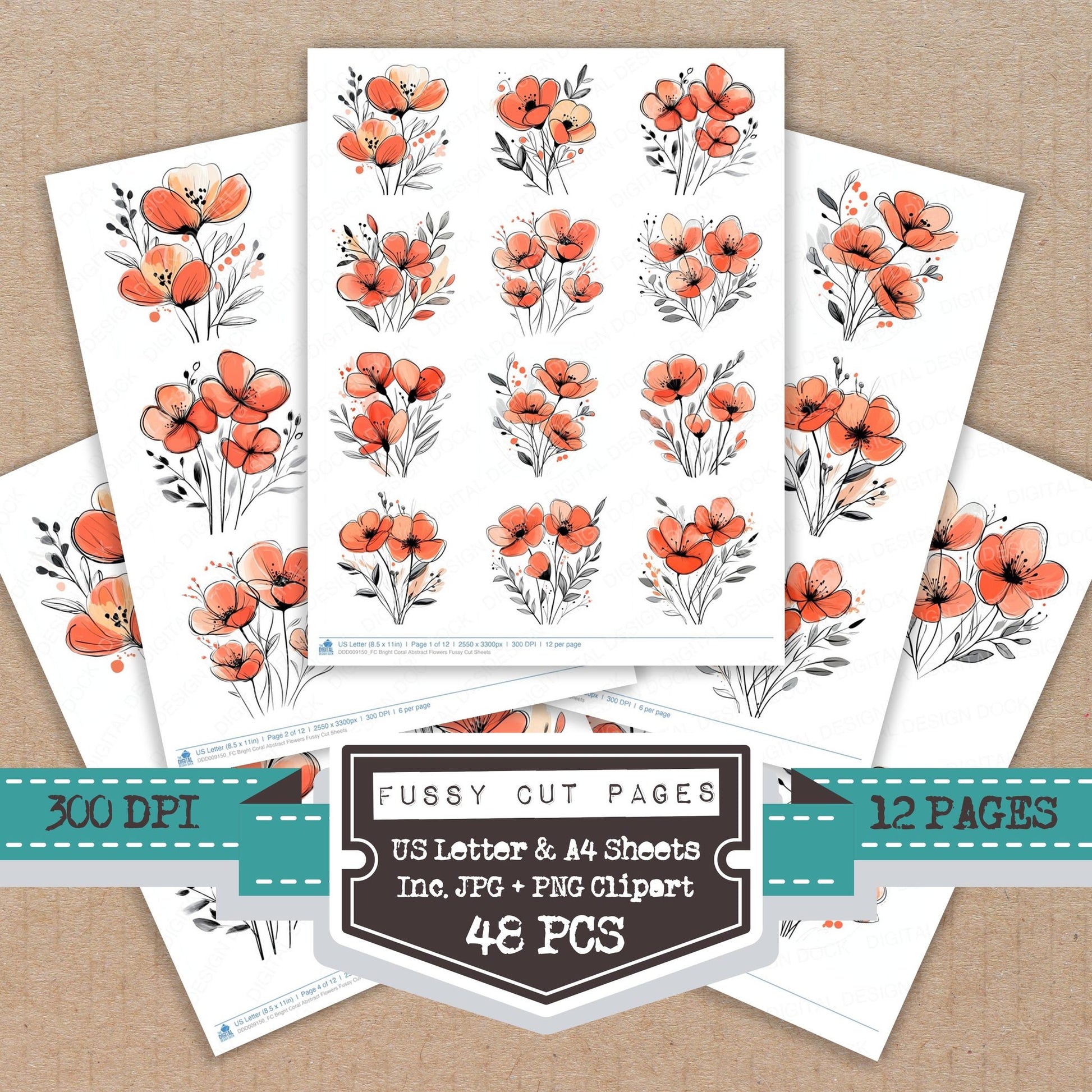 Bright Coral Abstract Flowers fussy cut printable sheets for junk journaling, scrapbooking, and paper craft projects