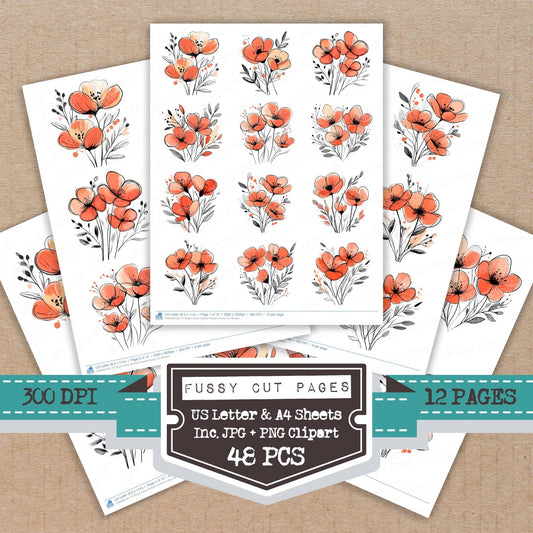 Bright Coral Abstract Flowers fussy cut printable sheets for junk journaling, scrapbooking, and paper craft projects