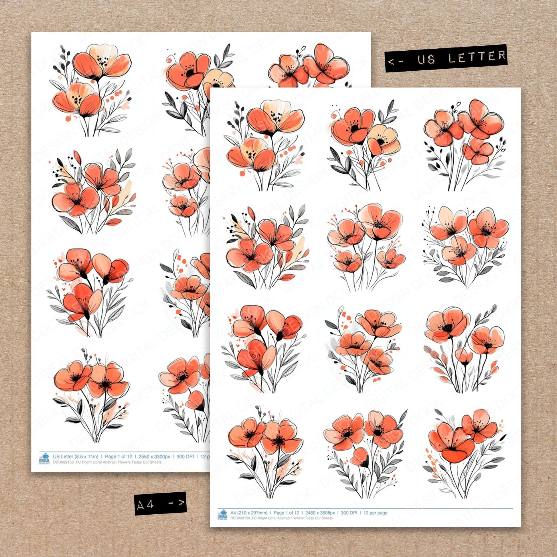 A4 and US Letter format comparison showing Bright Coral Abstract Flowers fussy cut pages for print and cut crafting