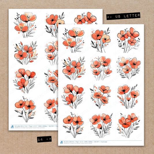 A4 and US Letter format comparison showing Bright Coral Abstract Flowers fussy cut pages for print and cut crafting