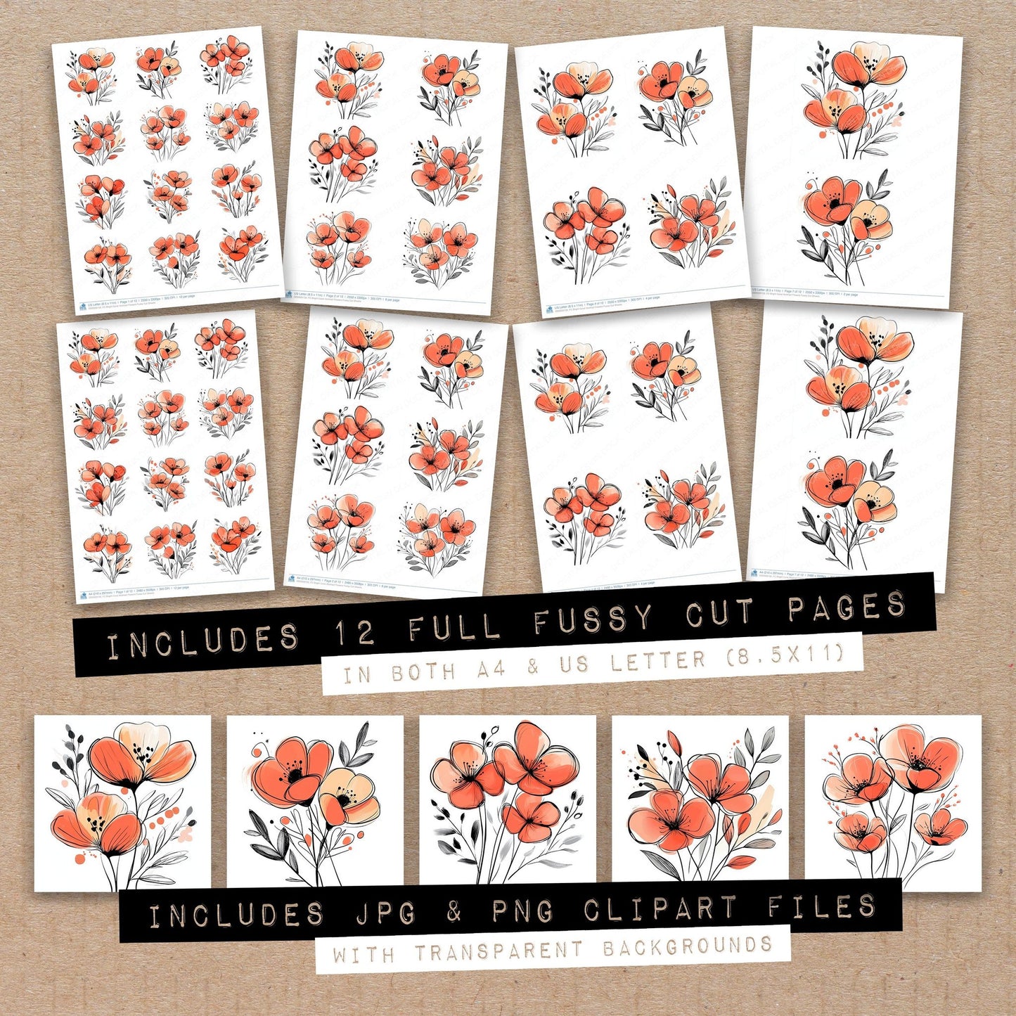 Full collection view of Bright Coral Abstract Flowers fussy cut sheets with bonus clipart JPG and PNG files