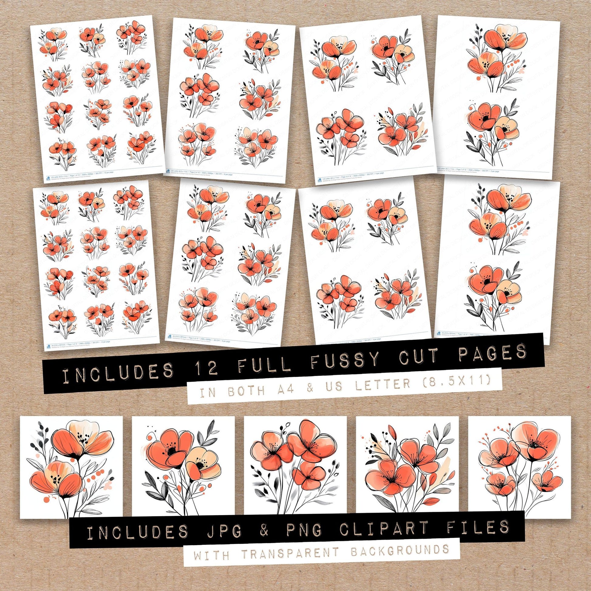 Full collection view of Bright Coral Abstract Flowers fussy cut sheets with bonus clipart JPG and PNG files