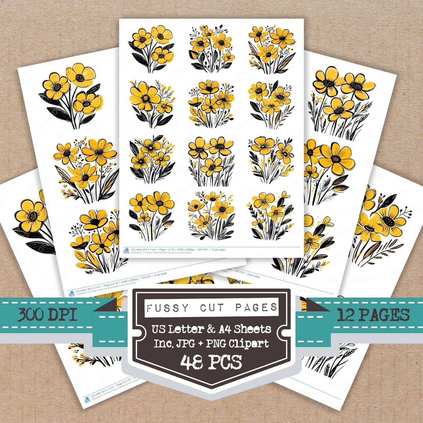 Bright Yellow Abstract Flowers fussy cut printable sheets for junk journaling, scrapbooking, and paper craft projects