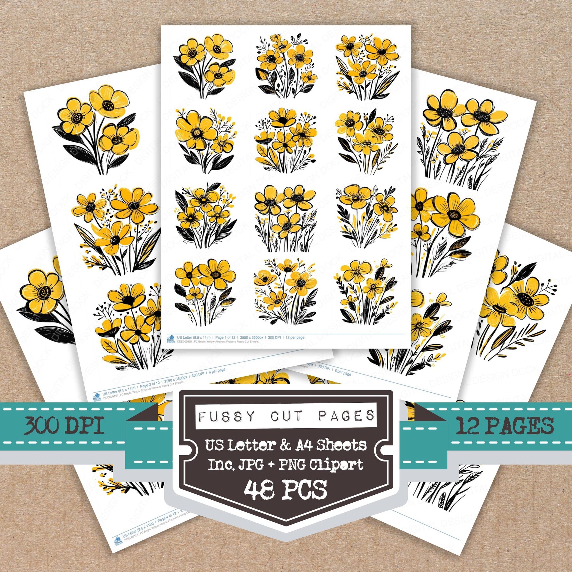 Bright Yellow Abstract Flowers fussy cut printable sheets for junk journaling, scrapbooking, and paper craft projects