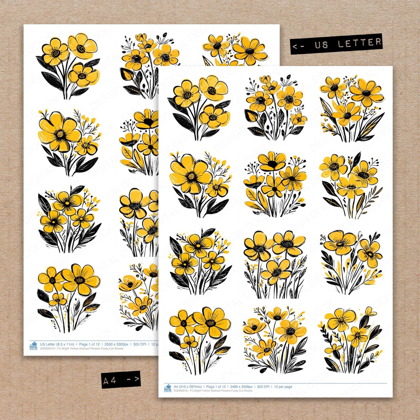 A4 and US Letter format comparison showing Bright Yellow Abstract Flowers fussy cut pages for print and cut crafting