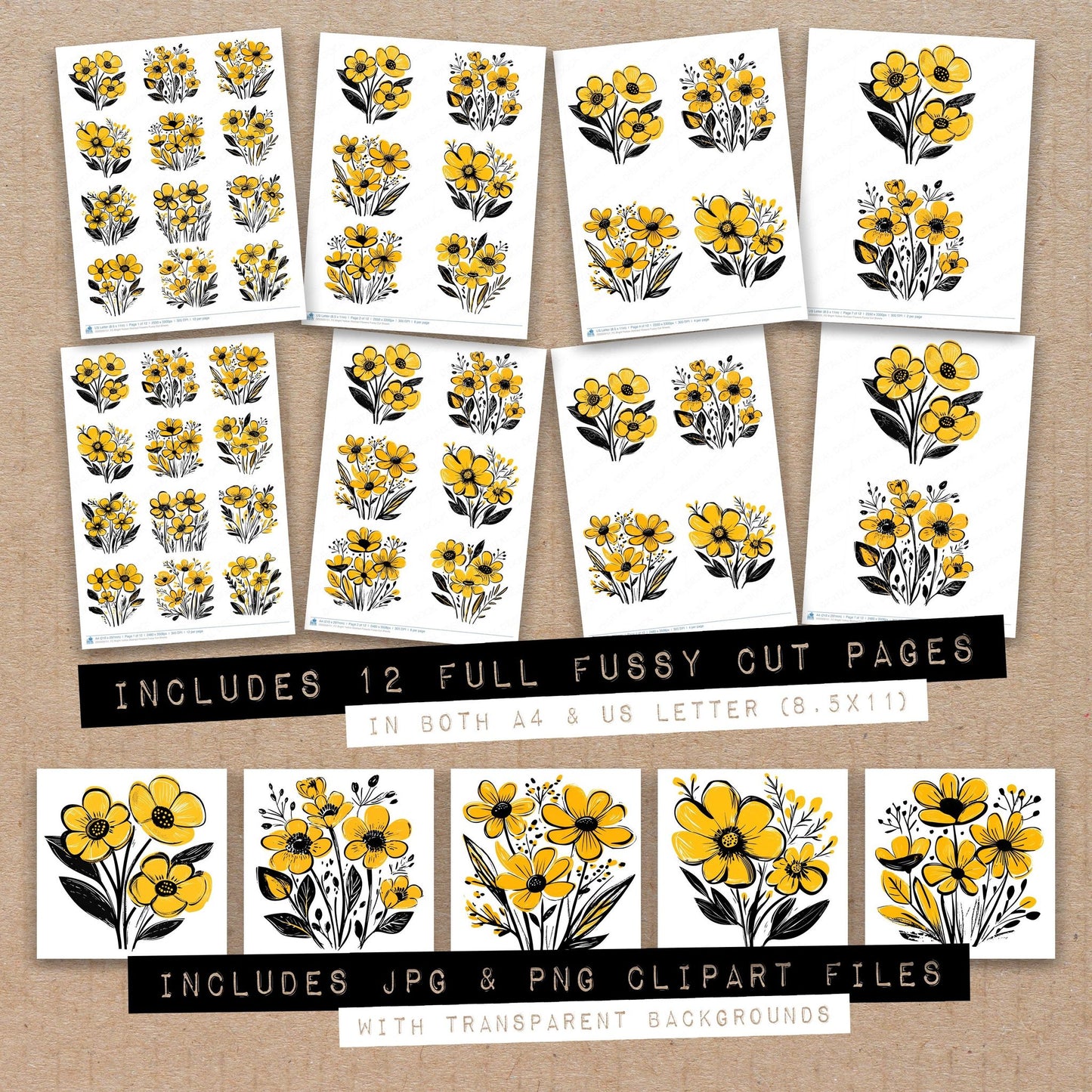 Full collection view of Bright Yellow Abstract Flowers fussy cut sheets with bonus clipart JPG and PNG files