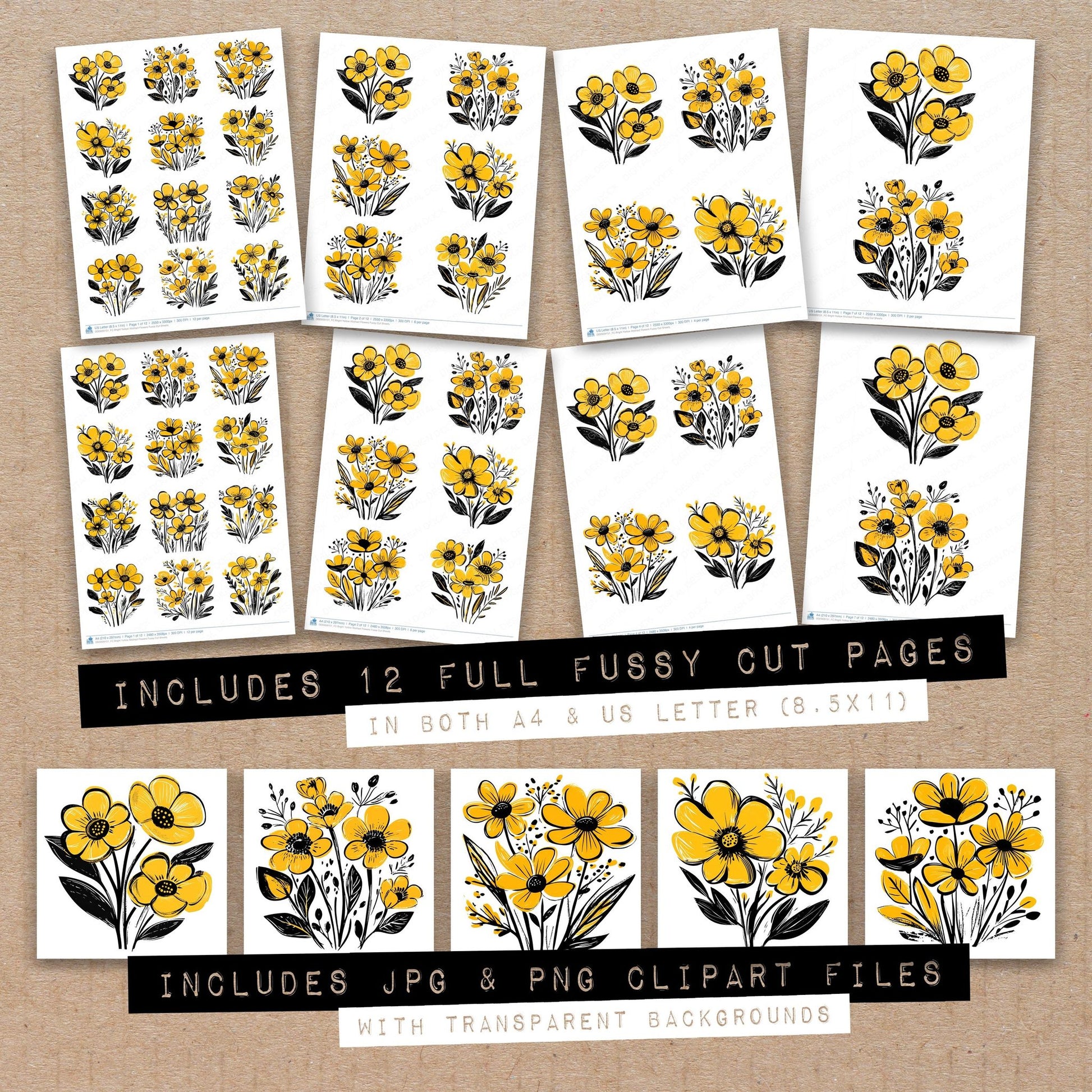 Full collection view of Bright Yellow Abstract Flowers fussy cut sheets with bonus clipart JPG and PNG files