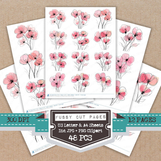 Bubblegum Pink Abstract Flowers fussy cut printable sheets for junk journaling, scrapbooking, and paper craft projects