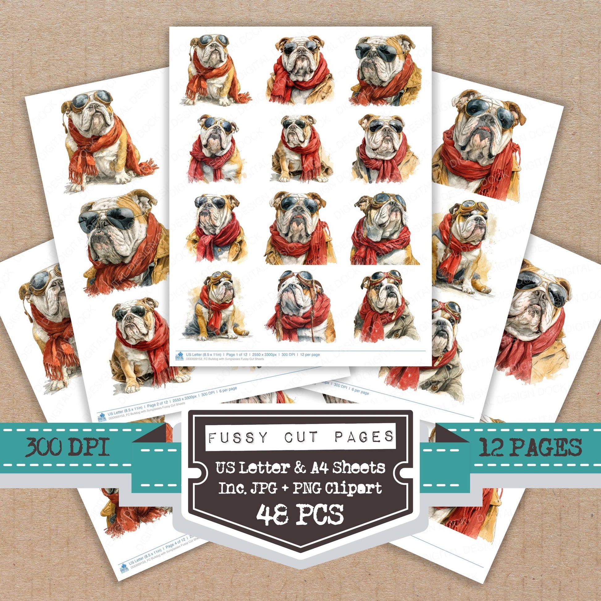 Bulldog with Sunglasses fussy cut printable sheets for junk journaling, scrapbooking, and paper craft projects