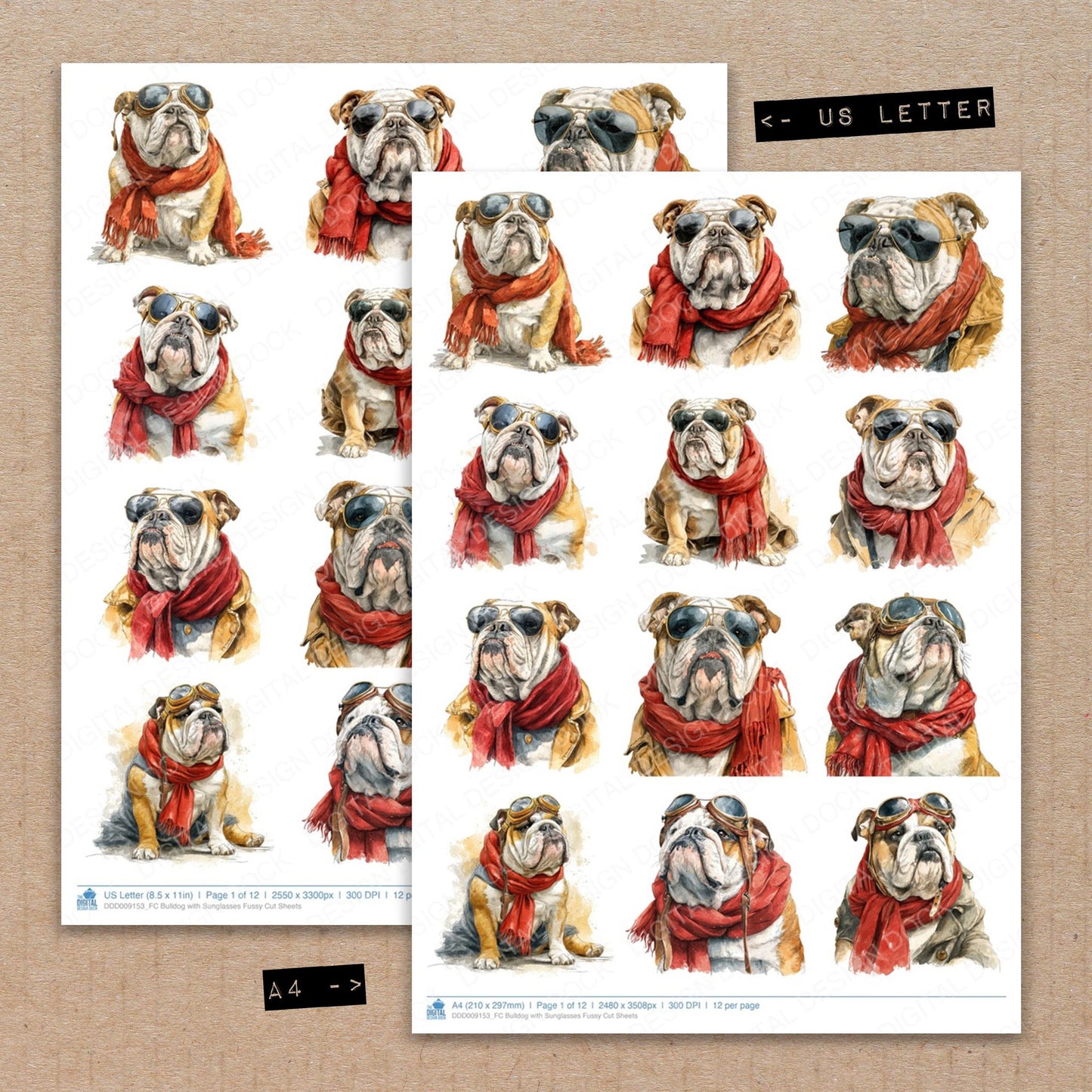 A4 and US Letter format comparison showing Bulldog with Sunglasses fussy cut pages for print and cut crafting