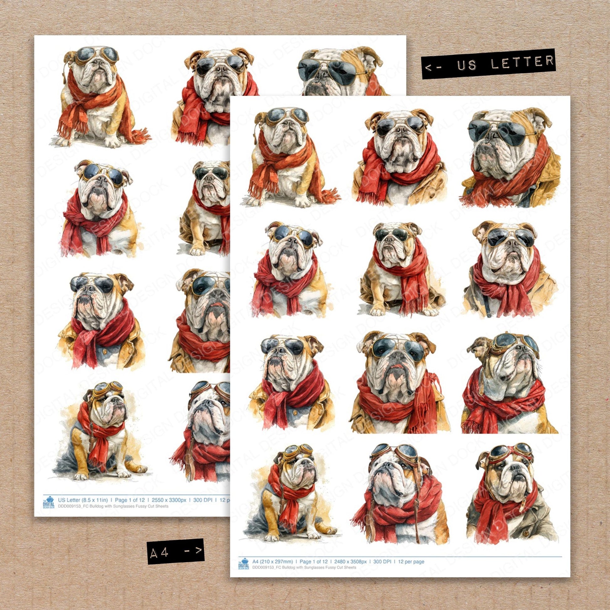 A4 and US Letter format comparison showing Bulldog with Sunglasses fussy cut pages for print and cut crafting