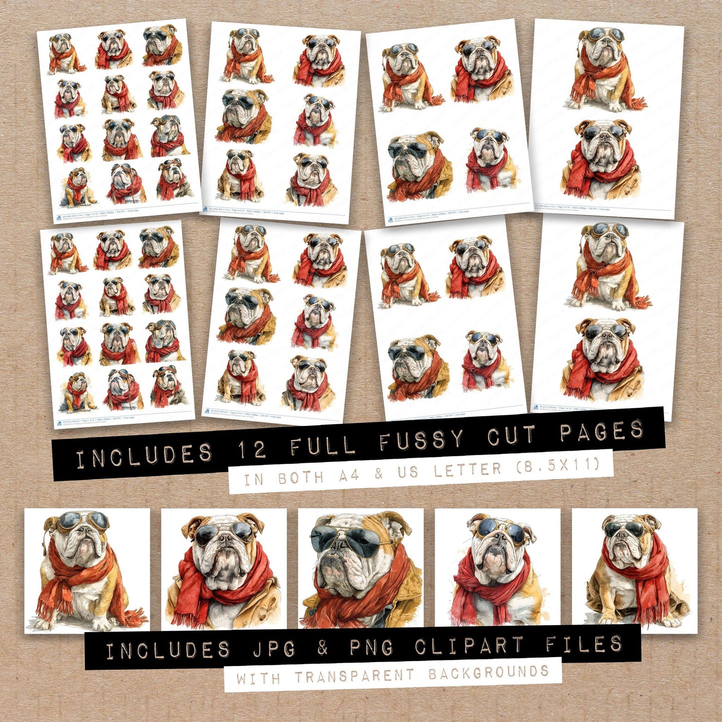 Full collection view of Bulldog with Sunglasses fussy cut sheets with bonus clipart JPG and PNG files