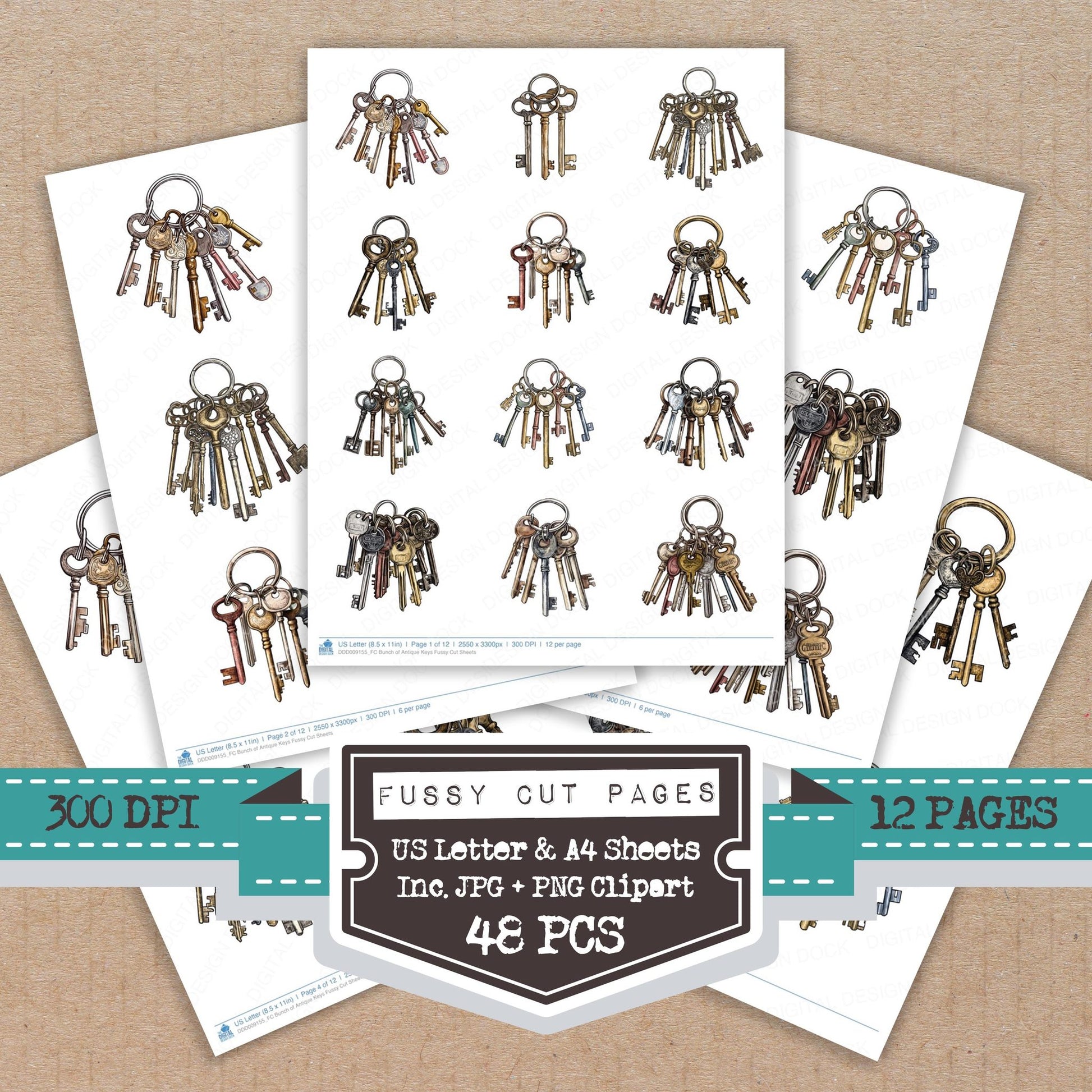Bunch of Antique Keys fussy cut printable sheets for junk journaling, scrapbooking, and paper craft projects