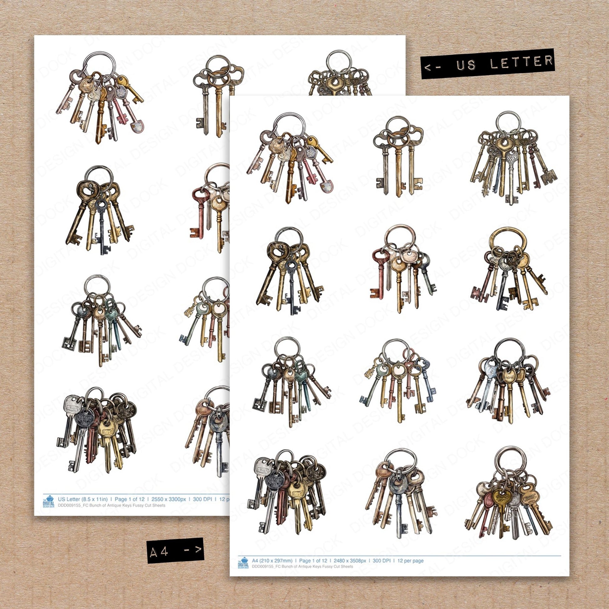 A4 and US Letter format comparison showing Bunch of Antique Keys fussy cut pages for print and cut crafting