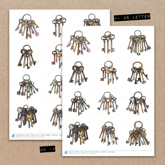 A4 and US Letter format comparison showing Bunch of Antique Keys fussy cut pages for print and cut crafting