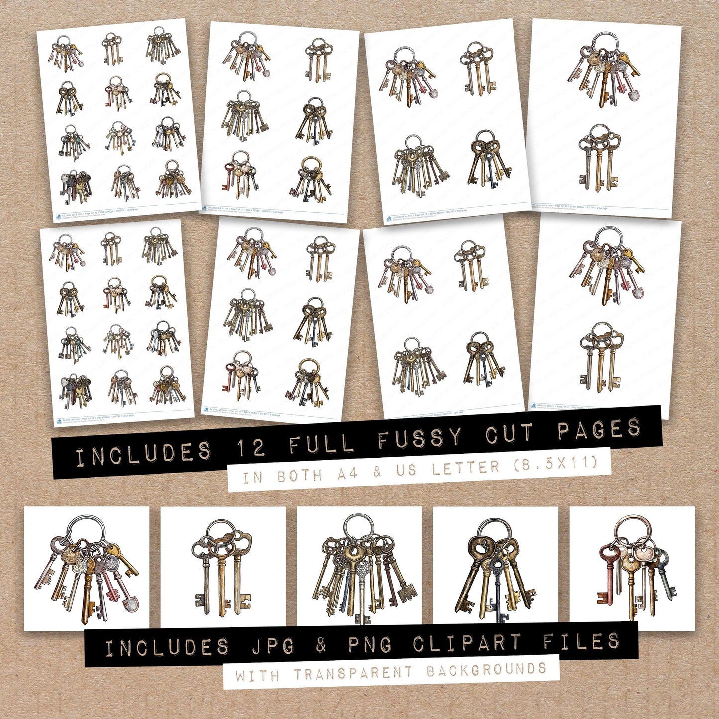 Full collection view of Bunch of Antique Keys fussy cut sheets with bonus clipart JPG and PNG files