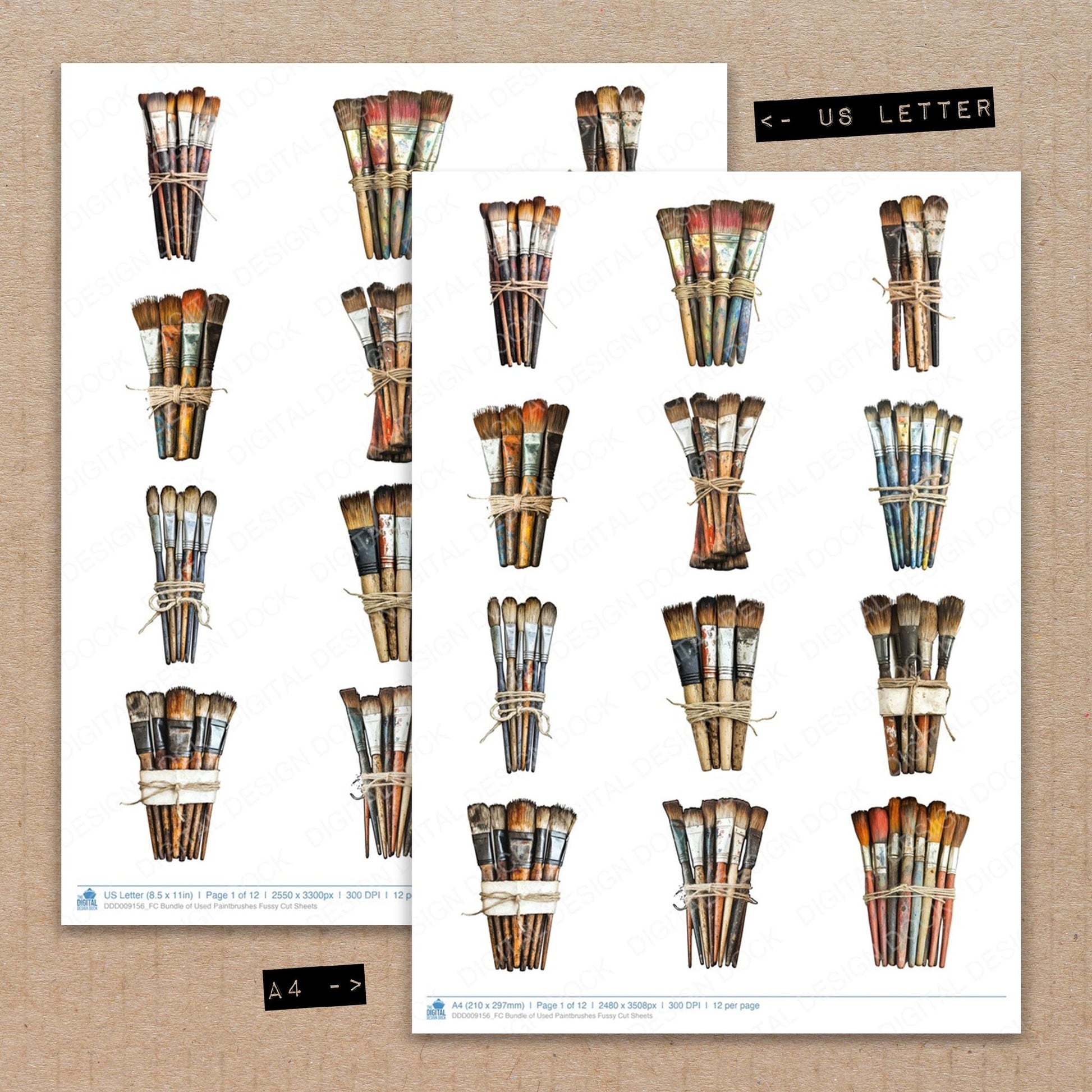 A4 and US Letter format comparison showing Of Used Paintbrushes fussy cut pages for print and cut crafting
