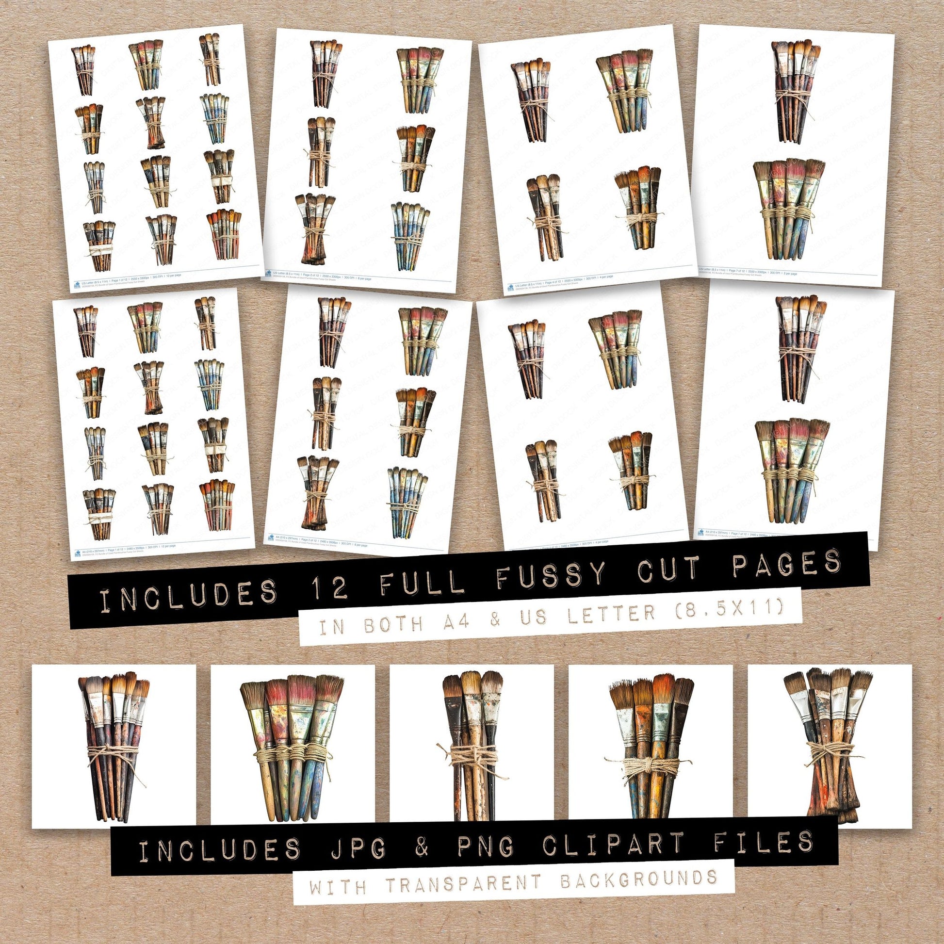 Full collection view of Of Used Paintbrushes fussy cut sheets with bonus clipart JPG and PNG files