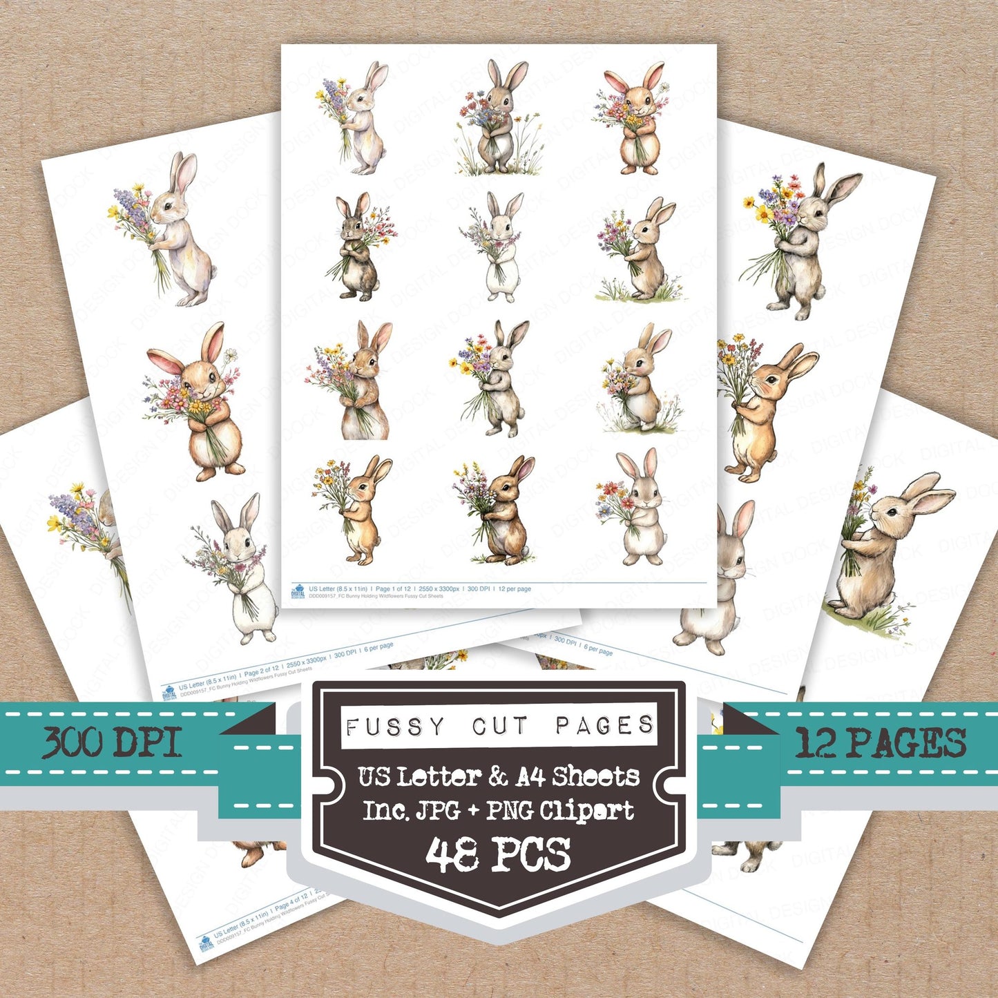 Bunny Holding Wildflowers fussy cut printable sheets for junk journaling, scrapbooking, and paper craft projects