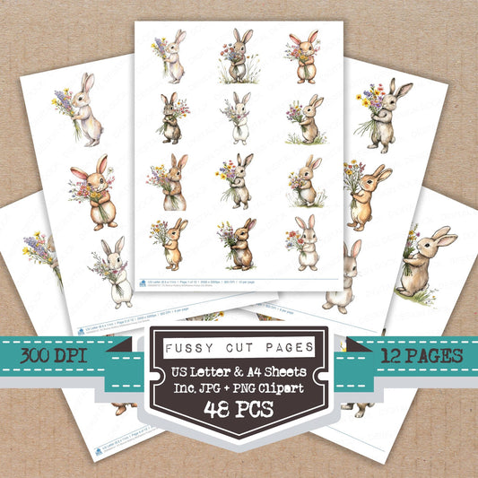 Bunny Holding Wildflowers fussy cut printable sheets for junk journaling, scrapbooking, and paper craft projects