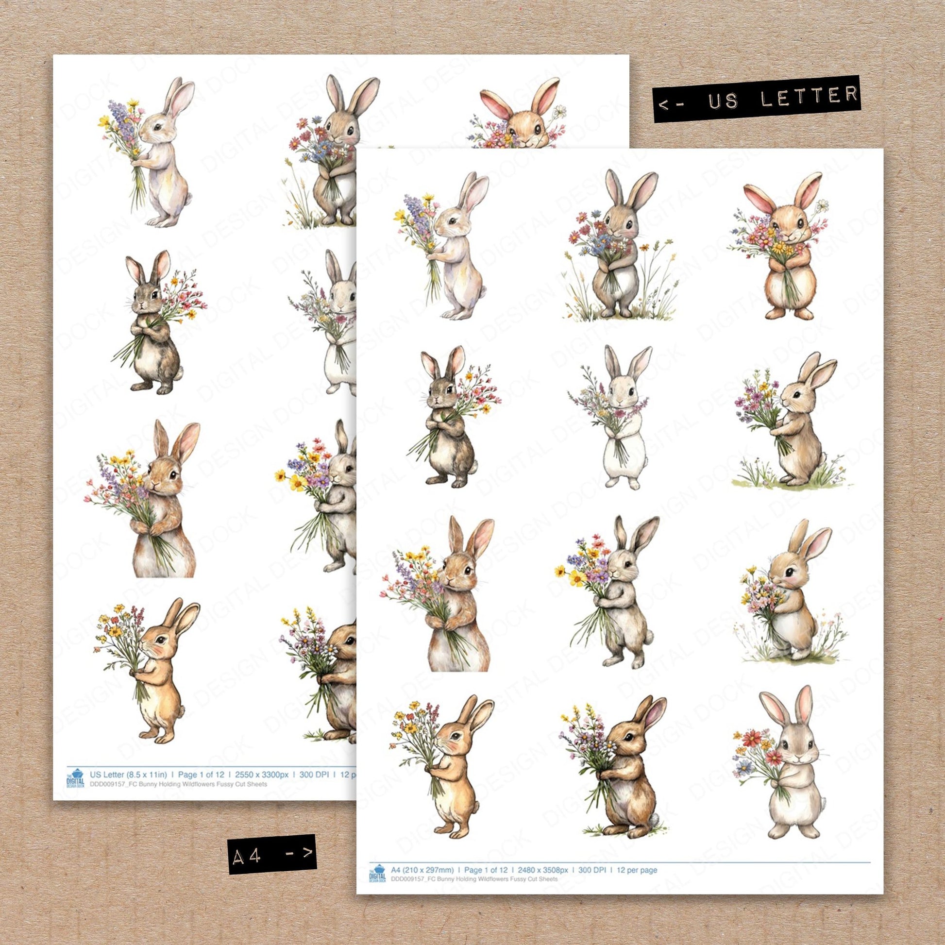 A4 and US Letter format comparison showing Bunny Holding Wildflowers fussy cut pages for print and cut crafting