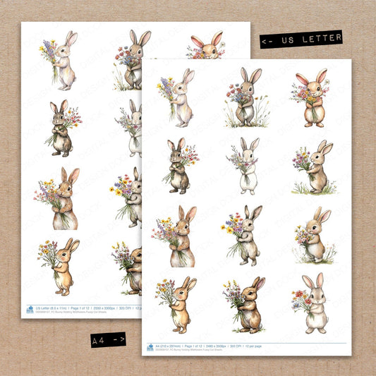 A4 and US Letter format comparison showing Bunny Holding Wildflowers fussy cut pages for print and cut crafting