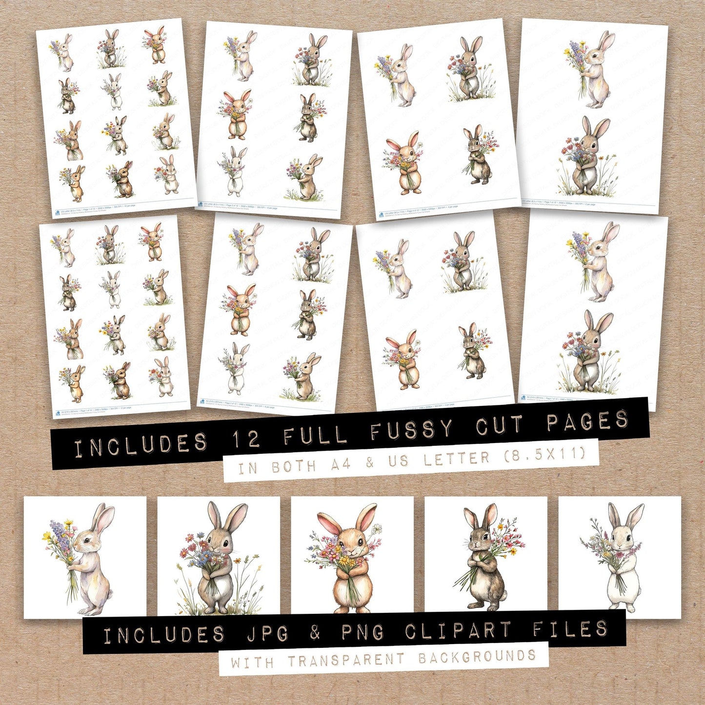 Full collection view of Bunny Holding Wildflowers fussy cut sheets with bonus clipart JPG and PNG files