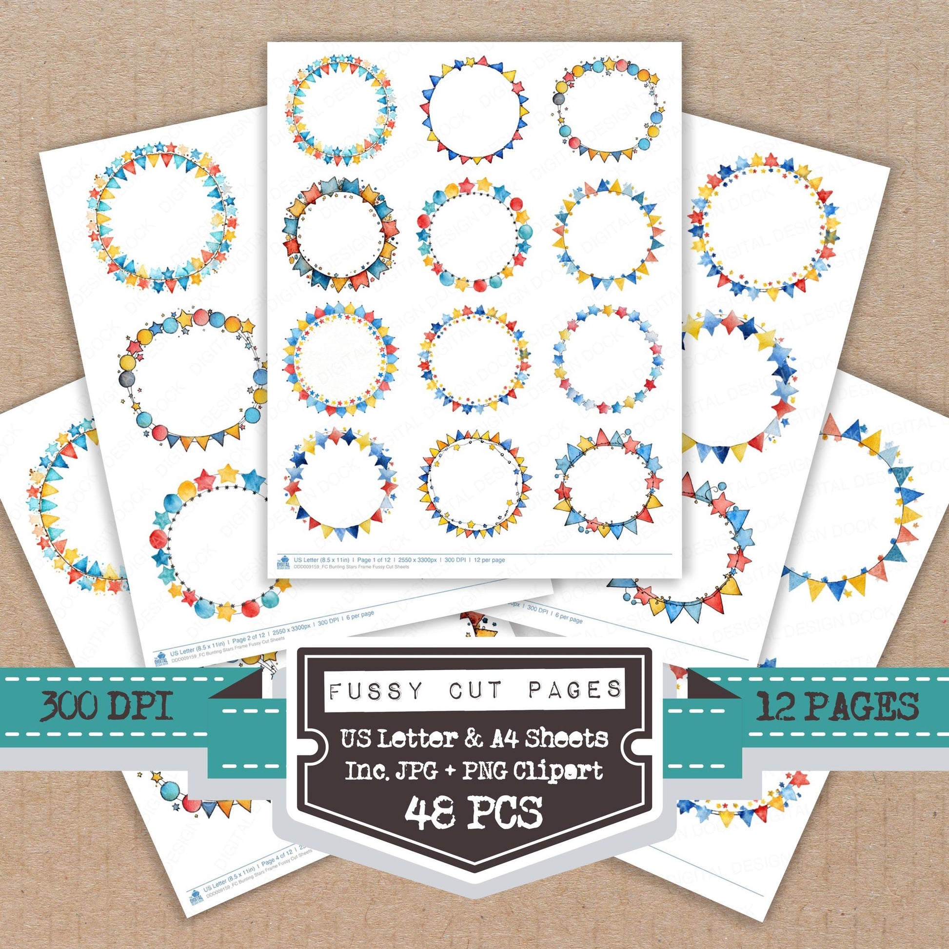 Bunting Stars Frame fussy cut printable sheets for junk journaling, scrapbooking, and paper craft projects