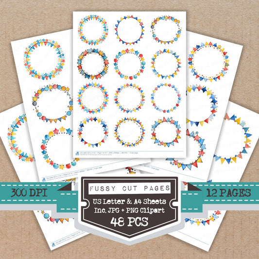 Bunting Stars Frame fussy cut printable sheets for junk journaling, scrapbooking, and paper craft projects