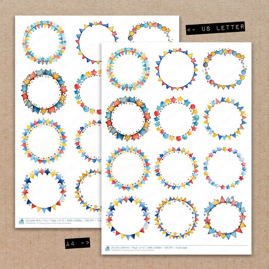 A4 and US Letter format comparison showing Bunting Stars Frame fussy cut pages for print and cut crafting